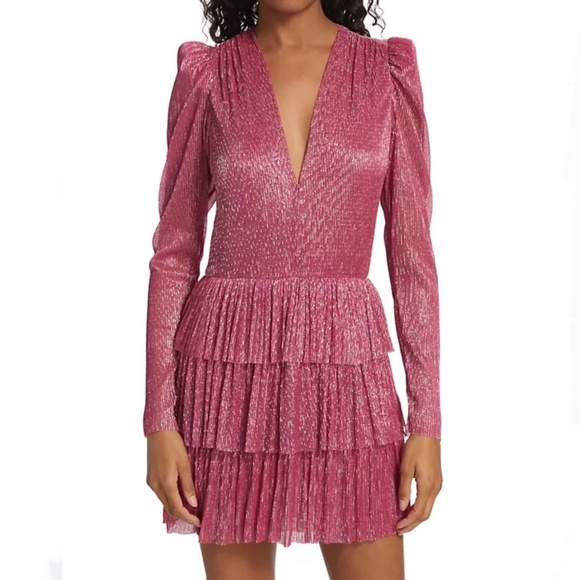 Sabina Musayev size XS Carry mini dress long sleeve ruffle tiered pink metallic - Picture 1 of 14